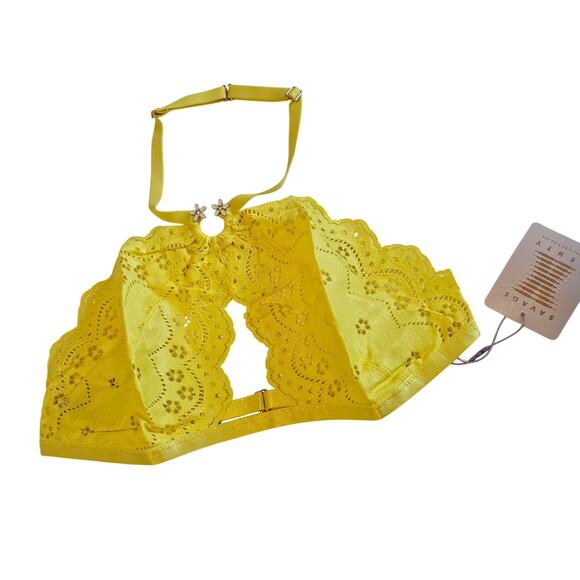 Savage Fenty Bombshell Broderie Lace Halter Bralette Yellow Women's XL Sexy - Picture 1 of 8